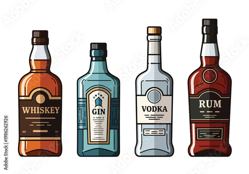 Row of premium whiskey and liquor bottles with elegant label designs and amber tones, presented in clean flat style suitable for branding, packaging, and bar visuals