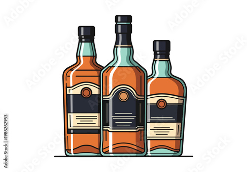 Row of premium whiskey and liquor bottles with elegant label designs and amber tones, presented in clean flat style suitable for branding, packaging, and bar visuals