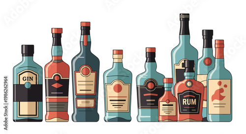 Row of premium whiskey and liquor bottles with elegant label designs and amber tones, presented in clean flat style suitable for branding, packaging, and bar visuals