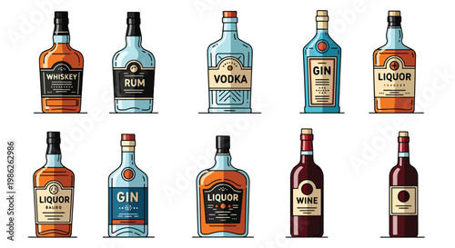Row of premium whiskey and liquor bottles with elegant label designs and amber tones, presented in clean flat style suitable for branding, packaging, and bar visuals