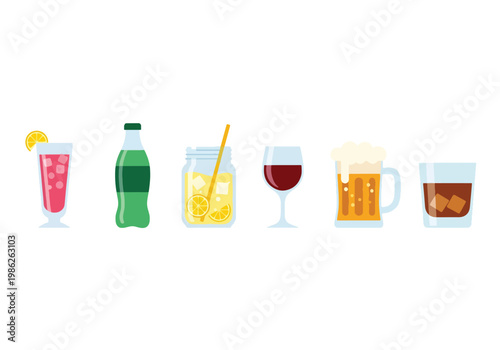 Variety of drink icons including wine glass, beer mug, soda bottle, juice jar, cocktail, and whiskey glass presented in simple flat style for menu and UI design
