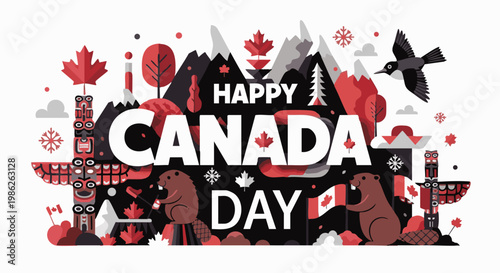 Obraz na płótnie Happy Canada Day greeting card in red and white colors with patriotic illustrati