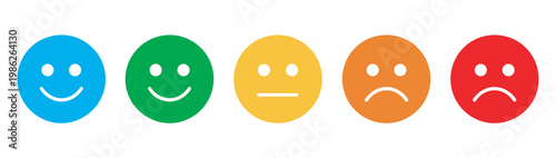 Expression rating icon set, colorful smile neutral sad face reactions, feedback mood assessment vector illustration, survey UI evaluation concept design