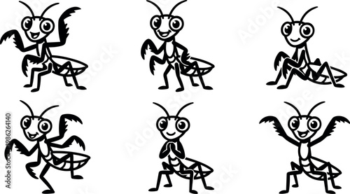 Black and white cartoon praying mantis character set in various poses vector art