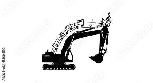 Black silhouette of excavator with music notes.