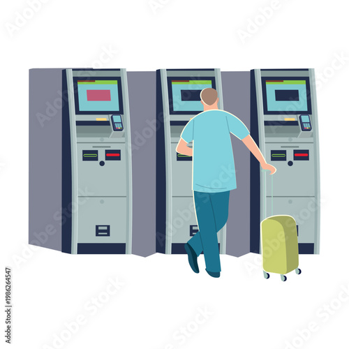 Person using self-service terminal machines at an airport or public space, purchasing a ticket or withdrawing cash. Modern automated service concept with ATMs and kiosks, i 