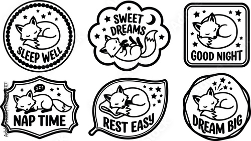 Black and white sleeping fox with sleep well sweet dreams good night nap time rest easy dream big text