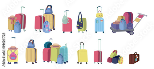 Set of colorful travel bags and suitcases arranged together, isolated on a light background.
