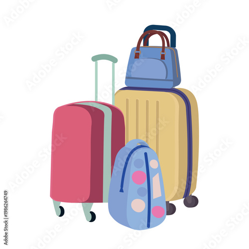 Set of colorful travel bags and suitcases arranged together, isolated on a light background.