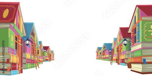 Colorful book houses forming fantasy library street under starry sky with empty center space for text. Online education and knowledge concept. Vector background illustration.