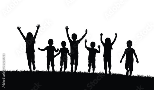 Photography A group of children are joyfully raising their arms in the air seemingly celebra