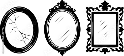 Black decorative mirrors: cracked round, ornate oval, and ornate square frames