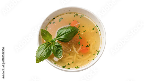 Photos Bowl of clear broth with noodles, vegetables, and basil isolated on transparent