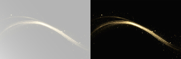 Golden sparkling dust trail with magic glowing particles, overlay dust png