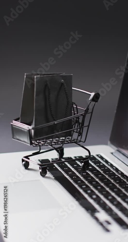Vertical video: Camera panning up and right moving mini cart carrying two black bags on laptop keys