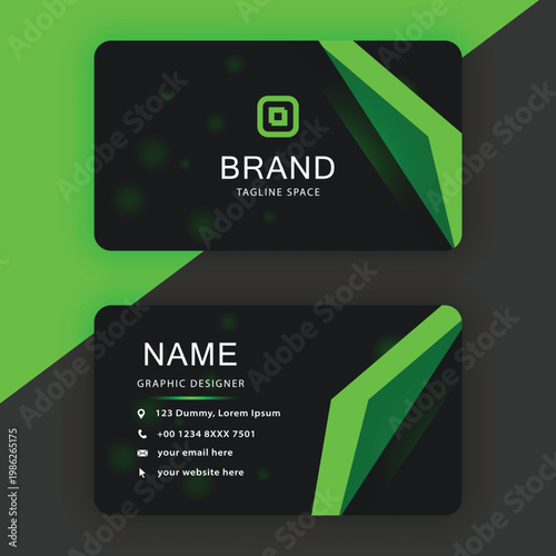 Modern green and black business card template for professional use with placeholder text and logo