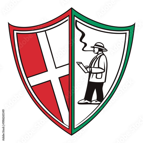 Man smoking pipe on shield with Danish flag.