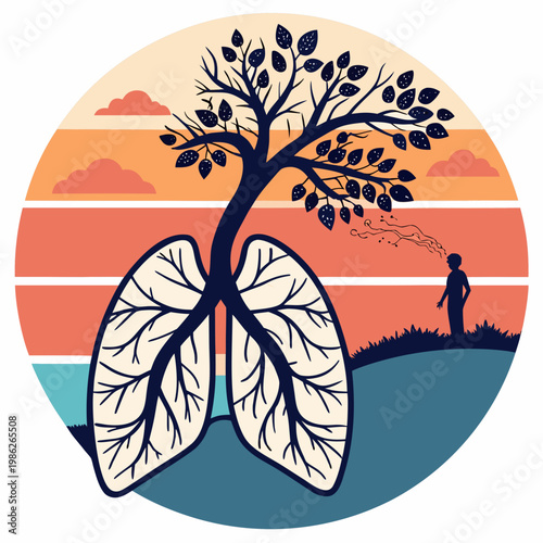 Person exhaling tree lungs sunset nature scene.