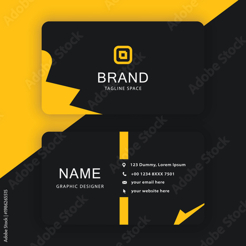 Modern black and yellow business card template for graphic designers and professionals with placeholder text
