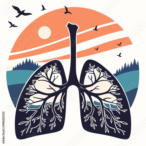 Human lungs with nature scene and mountain landscape.