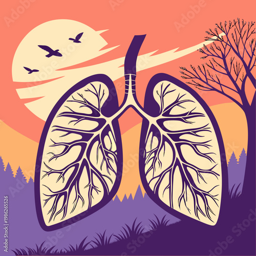 Human lungs as landscape with trees and sunset sky.
