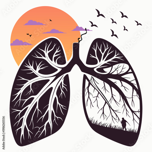 Human lungs with tree branches and natural landscape.