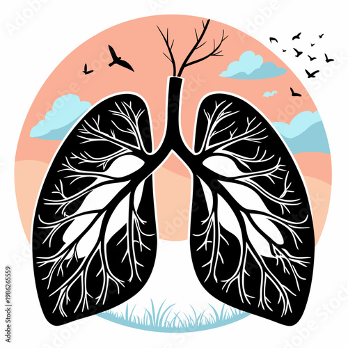 Lungs silhouette with bronchial tree and nature.