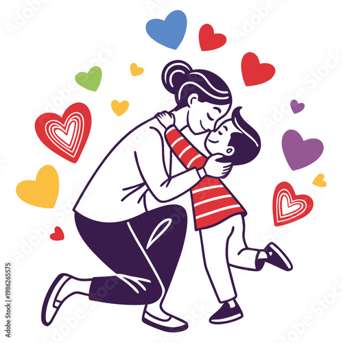 Mother hugging son with colorful flying hearts.