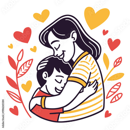 Loving mother comforting child with warm hug art.