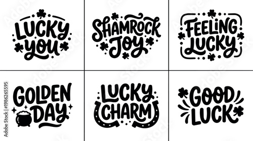 Black and white lucky charmed lettering with shamrocks and horseshoes vector art