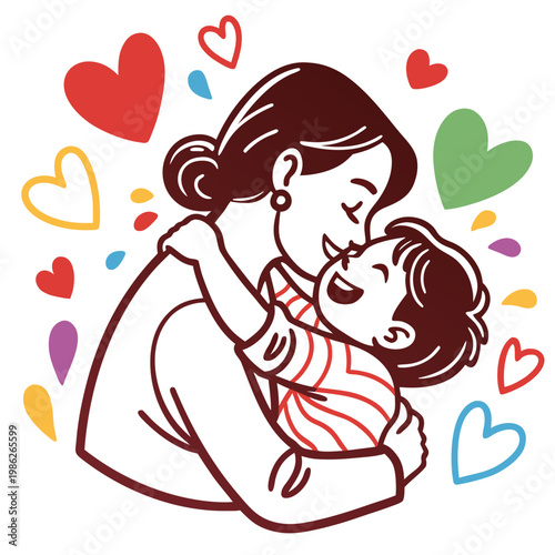 Caring mother holding laughing boy in her arms.