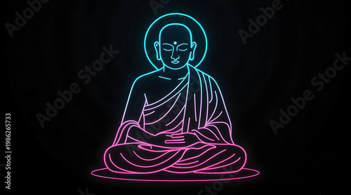 Wallpaper Mural Neon outline of meditating monk with halo in lotus pose emitting calm and focused energy Torontodigital.ca