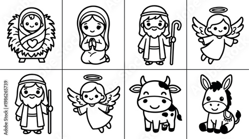 Cute nativity scene characters including baby jesus mary joseph angels cow and donkey line art