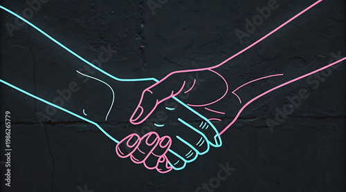 Wallpaper Mural Neon handshake, two hands interlock, cyan and pink line art forming handshake on dark wall expressing connection and unity Torontodigital.ca