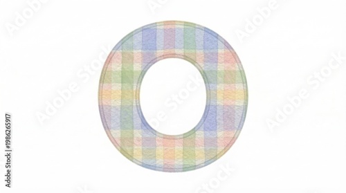 Watercolor illustration of the letter O crafted from soft tartan plaid fabric.	