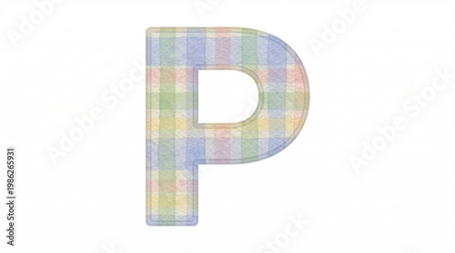 Watercolor illustration of the letter P crafted from soft tartan plaid fabric.	