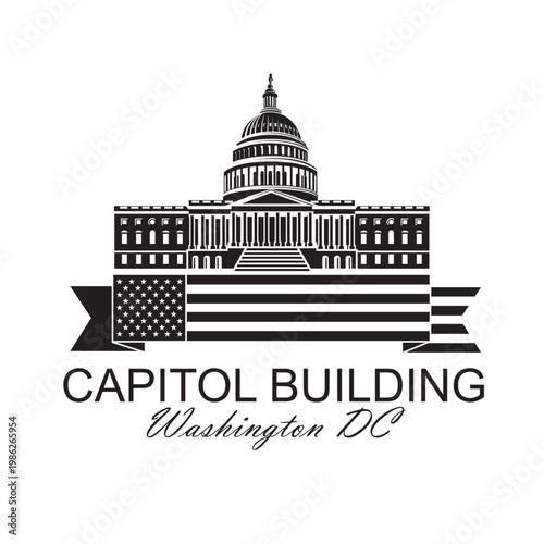 United States Capitol building icon in Washington DC and flag isolated on white background
