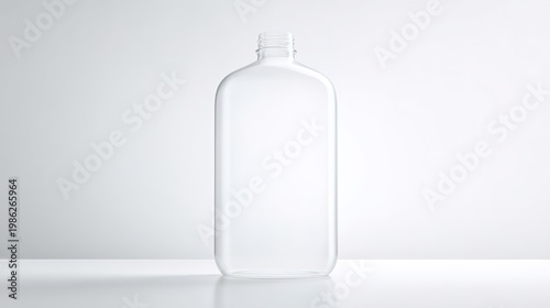 Clear, cylindrical bottle with narrow neck and wide base, standing upright against a plain white background.