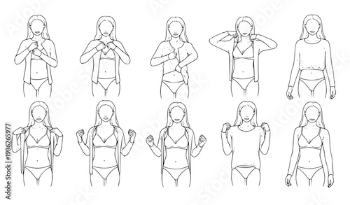 Female dressing sequence line art vector woman putting on shirt poses