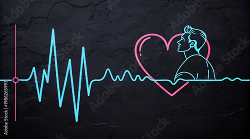 Wallpaper Mural Blue heartbeat line with profile of man inside pink heart evoking romantic connection and emotion on dark textured background Torontodigital.ca