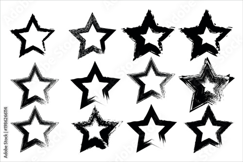 Collection of hand drawn black stars diverse shapes and textures