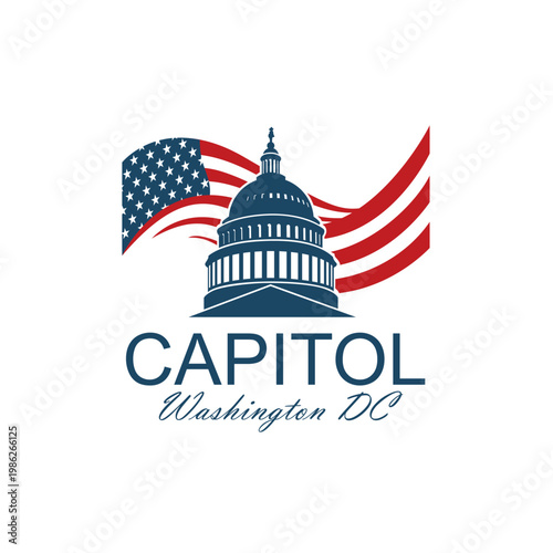 United States Capitol building icon in Washington DC and flag isolated on white background
