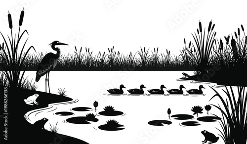 A serene black and white landscape depicts a heron ducks frogs and cattails by a pond s edge creating a striking silhouette high quality