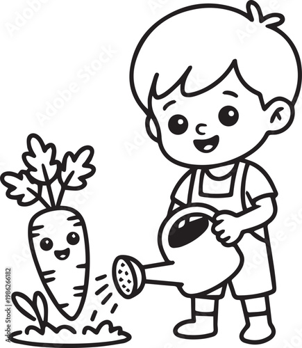 Cute Boy Watering Carrot Plant Coloring Page.