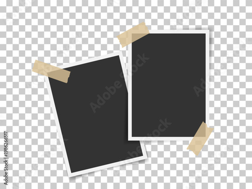 Blank taped Instant snapshot frame set. Two pictures on transparent background. Photo card with Scrapbook adhesive tape overlay. Retro photo placeholder. Party event vacation travel memory template