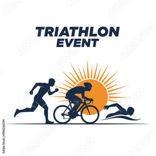 Triathlon Event: Dynamic Silhouette Depicts Swimming, Cycling, and Running Under a Sun
