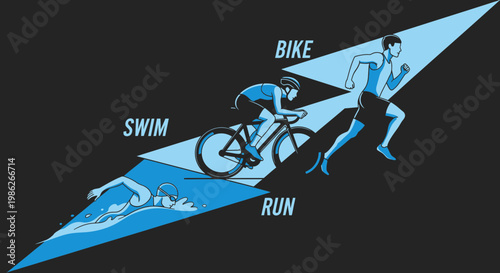 Triathlon Illustration Featuring Swim, Bike, and Run Activities in Dynamic Light