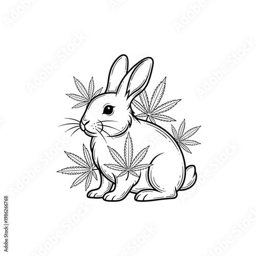 Black and white line art illustration of a cute rabbit surrounded by cannabis leaves.