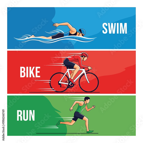 Triathlon Illustration Featuring Swimming, Cycling, and Running Demonstrations in Dynamic Action