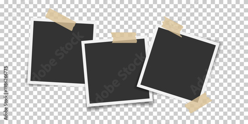 Retro instant photo frames taped on transparent background. Three square image fixed masking tape Great for social media, poster, memories board, album, collage graphic, travel blog, photo template
